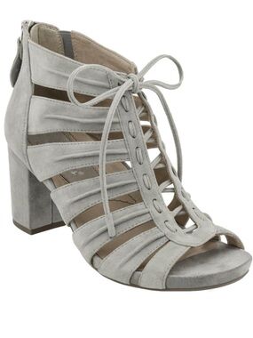 Earthies Saletto Caged Block Heel Sandals pale gray  suede strappy lace up NWOT